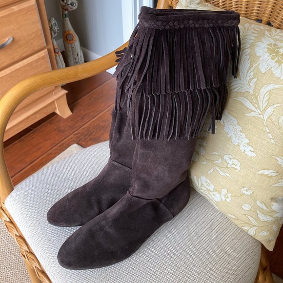 Giani Bini Dark Brown Suede Leather  Fringed Wedge Mid Calf Boot 8.5M - Picture 1 of 12